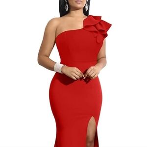 Chic One-Shoulder Red Maxi Dress